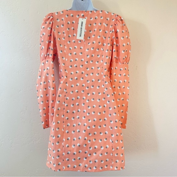 EGGIE X UO Puff Sleeve Button Front Fitted Babydoll Dress Size S Peach Dot NWT - Picture 7 of 13